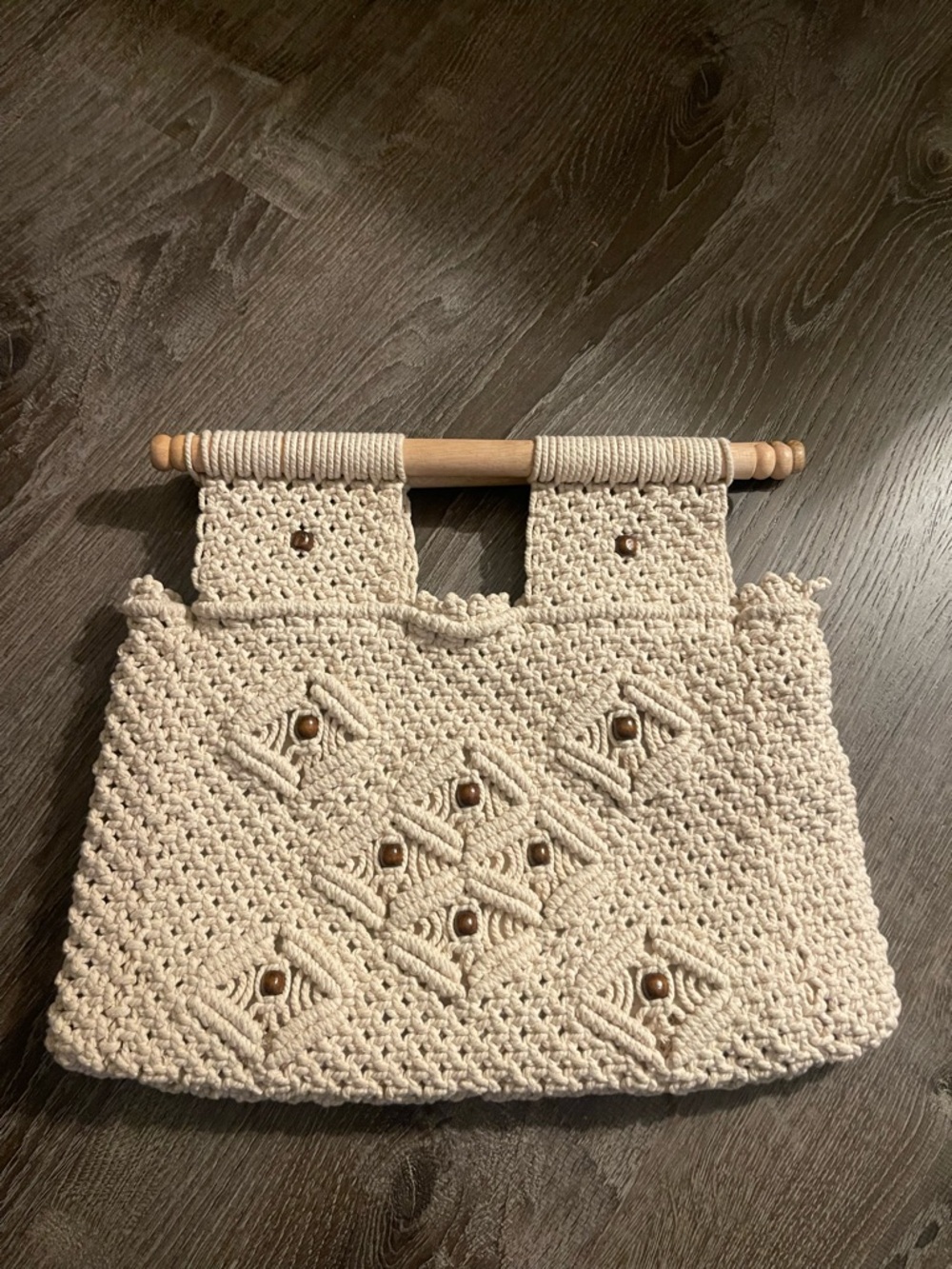 Virginia Wolf Macrame Tote Bag Natural Wood Handle Coastal Boho Beach Purse - Picture 5 of 7